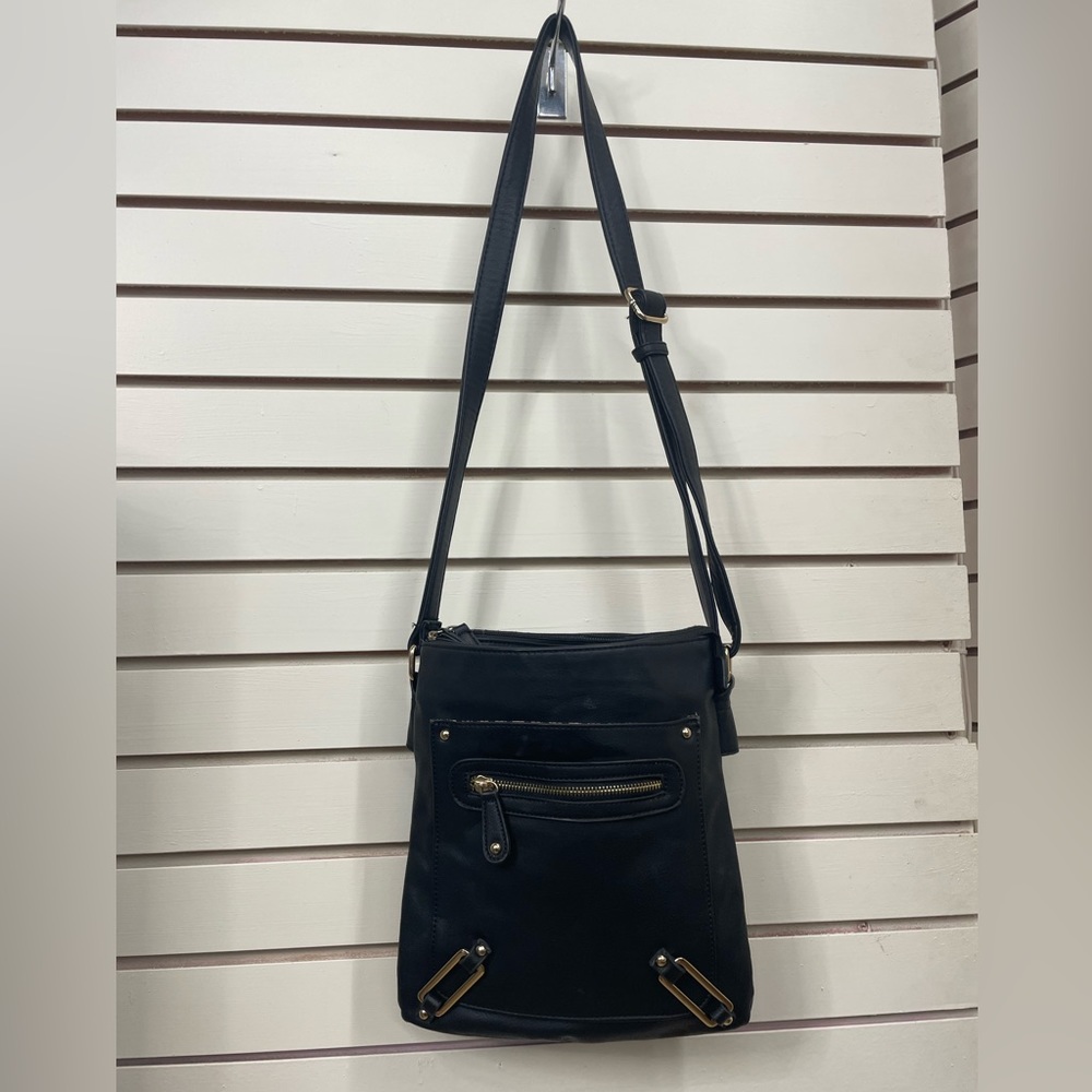 Black PU Leather Crossbody Bag with adjustable straps.